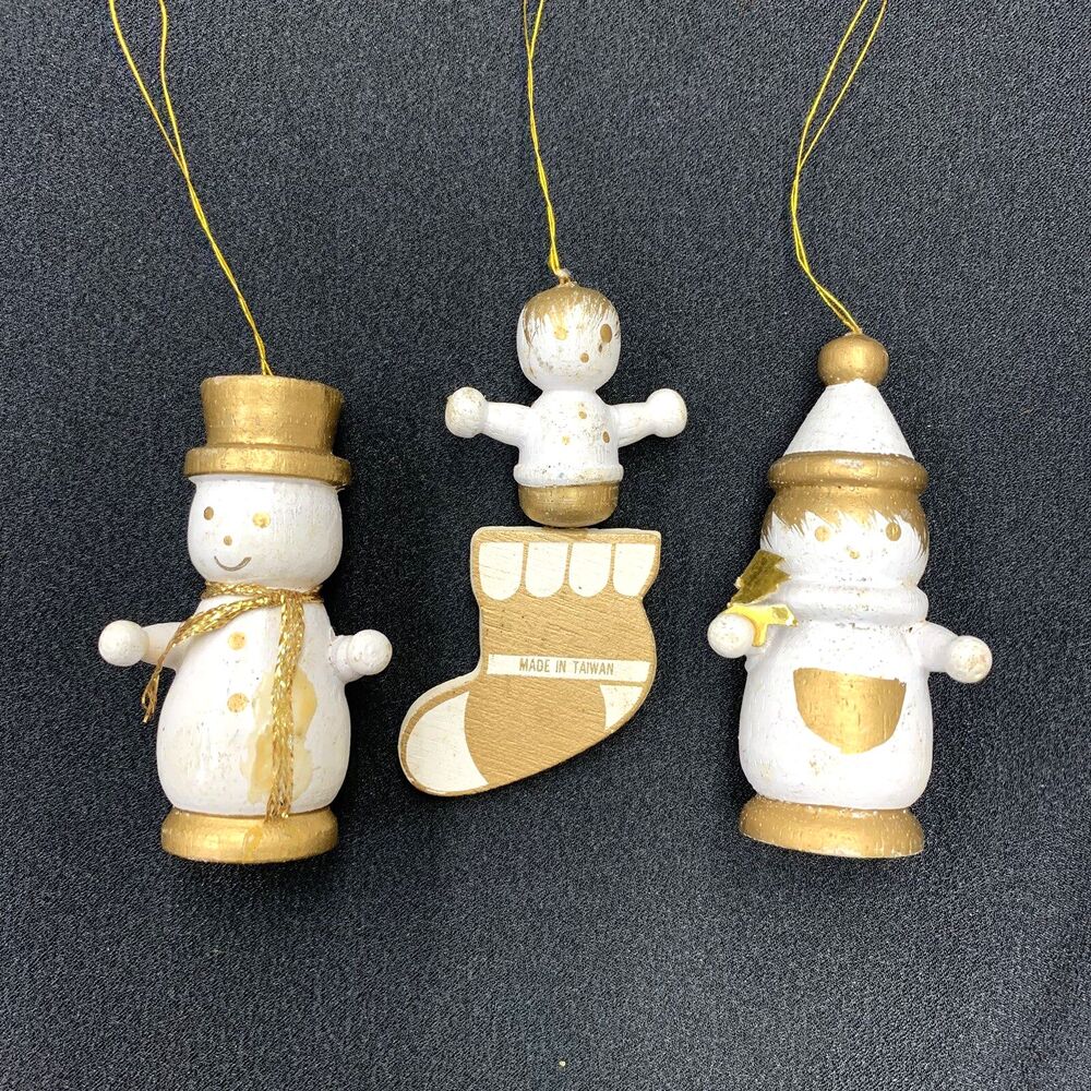 Vintage 80s Wooden Christmas Ornaments Hand Painted Gold & White 3 pc Lot Taiwan